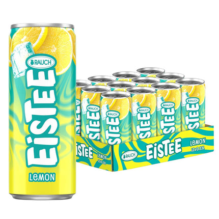 Rauch Eistee Lemon 0,33 l Dose – zitroniger Eistee mit natürlichem Geschmack in handlicher Aluminiumdose mit frischem, gelbem Design, angeboten von Getca GmbH im professionellen Onlinehandel.