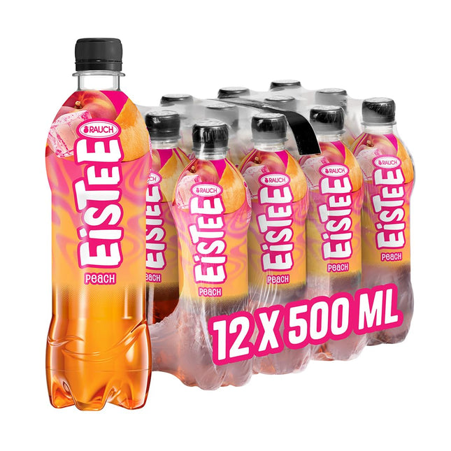 Rauch Eistee Peach 0,5 l Flasche – erfrischender Eistee mit feinem Pfirsichgeschmack in kompaktem Format, moderne Aluminiumdose mit farblich passendem Design, angeboten von Getca GmbH im qualifizierten Onlineverkauf.