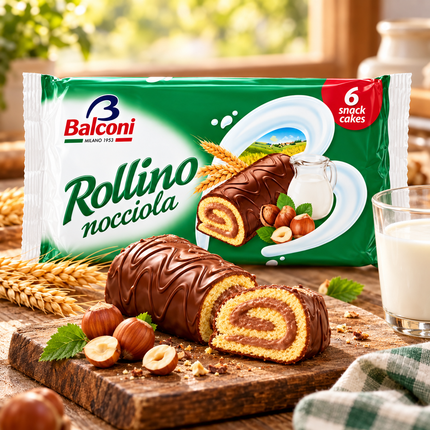 Balconi Rollino Nocciola – italienischer Snackkuchen mit Haselnusscreme und Schokoladenüberzug