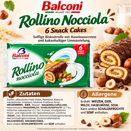 Balconi Rollino Nocciola 6 Stück – aufgeschnittene Biskuitrolle mit Haselnussfüllung