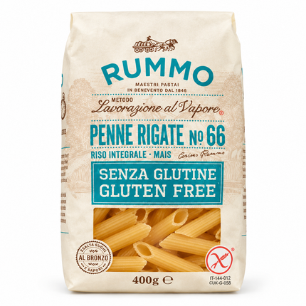 Rummo Penne Rigate N°66 glutenfrei mit Tomatensauce und Basilikum