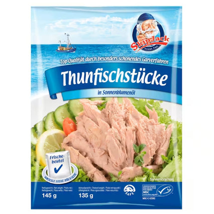 Karton mit 10 Dosen SkipJack Thunfischstücke in Sonnenblumenöl – jede Dose mit 145 g Netto-Gewicht und 135 g Abtropfgewicht. Erhältlich bei der GEtca GmbH, ideal für gesunde Ernährung und vielseitige Rezepte.