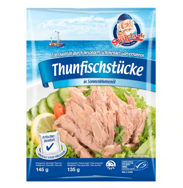 Karton mit 10 Dosen SkipJack Thunfischstücke in Sonnenblumenöl – jede Dose mit 145 g Netto-Gewicht und 135 g Abtropfgewicht. Erhältlich bei der GEtca GmbH, ideal für gesunde Ernährung und vielseitige Rezepte.