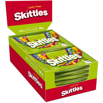 Skittles Crazy Sours – bunte, fruchtige Kaubonbons mit extra saurem Geschmack, angeboten von der GEtca GmbH. Perfekt für alle, die es gerne süß und sauer zugleich mögen!