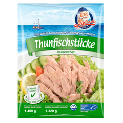 Beutel mit 1400 g SkipJack Thunfischstücken im eigenen Saft, angeboten von der GEtca GmbH. Nachhaltig gefangener, proteinreicher Thunfisch – ideal für gesunde Ernährung und vielseitige Rezepte. Perfekt für Salate, Sandwiches und warme Gerichte.