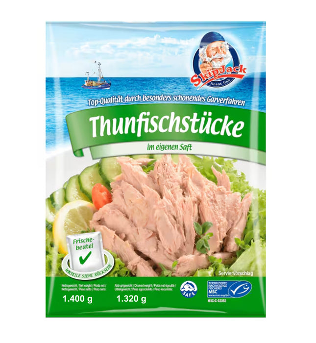 Beutel mit 1400 g SkipJack Thunfischstücken im eigenen Saft, angeboten von der GEtca GmbH. Nachhaltig gefangener, proteinreicher Thunfisch – ideal für gesunde Ernährung und vielseitige Rezepte. Perfekt für Salate, Sandwiches und warme Gerichte.