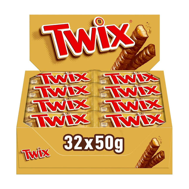 Twix Doppelriegel – knusprige Keksriegel mit cremigem Karamell, umhüllt von zarter Milchschokolade, angeboten von der GEtca GmbH. Perfekt für alle, die die klassische Kombination aus Keks, Karamell und Schokolade lieben.