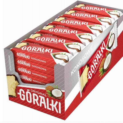 Góralki Kokosnuss Waffel – knusprige Waffel mit cremiger Kokosfüllung, umhüllt von zarter Schokolade, angeboten von der GEtca GmbH. Perfekt für alle, die den exotischen Geschmack von Kokos lieben.