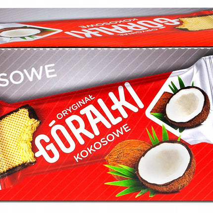 Góralki Kokosnuss Waffel – knusprige Waffel mit cremiger Kokosfüllung, umhüllt von zarter Schokolade, angeboten von der GEtca GmbH. Perfekt für alle, die den exotischen Geschmack von Kokos lieben.
