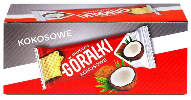 Góralki Kokosnuss Waffel – knusprige Waffel mit cremiger Kokosfüllung, umhüllt von zarter Schokolade, angeboten von der GEtca GmbH. Perfekt für alle, die den exotischen Geschmack von Kokos lieben.