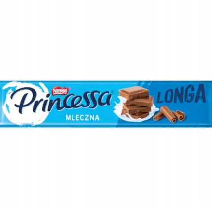 Die Packung Princessa Longa Milky 40g enthält einen knusprigen Waffelriegel mit cremiger Milchfüllung, umhüllt von zarter Schokolade – perfekt für einen milden Genussmoment. Das Produkt wird von der GEtca GmbH angeboten.