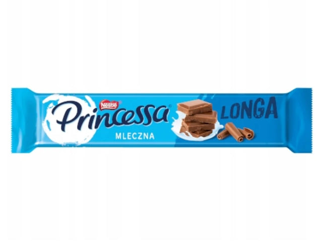 Die Packung Princessa Longa Milky 40g enthält einen knusprigen Waffelriegel mit cremiger Milchfüllung, umhüllt von zarter Schokolade – perfekt für einen milden Genussmoment. Das Produkt wird von der GEtca GmbH angeboten.