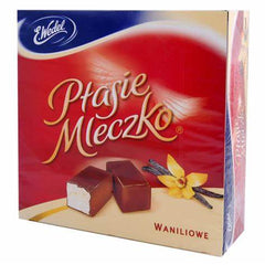 Die Packung Wedel Ptasie Mleczko Vanilla 340g enthält zarte Schaumküsse mit einer cremigen Vanillenote, umhüllt von feiner Schokolade – perfekt für einen luftigen Genussmoment. Das Produkt wird von der GEtca GmbH angeboten.