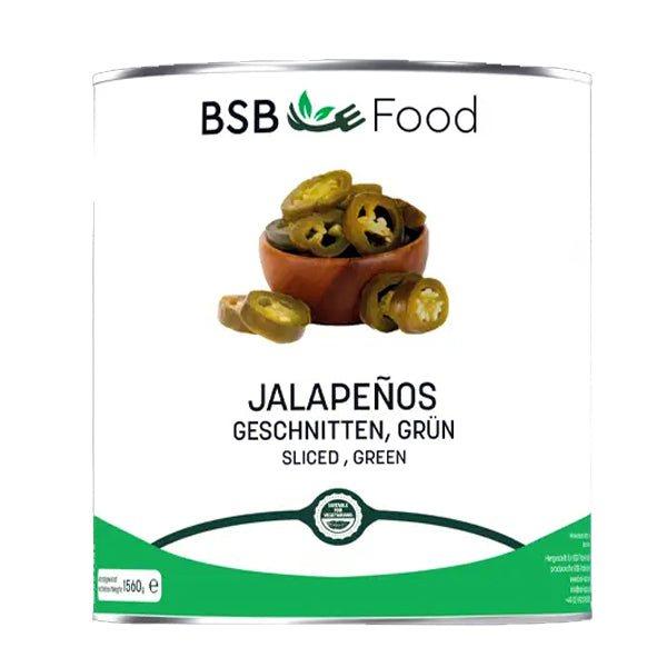 BSB Food Jalapeños geschnitten in der 3,3 kg Dose mit 1,56 kg Nettogewicht – grüne, scharfe Chilischoten in Lake, ideal für Pizza, Burger und Tex-Mex-Gerichte in Gastronomie und Großküche. Dieses Produkt wird angeboten von Getca GmbH.