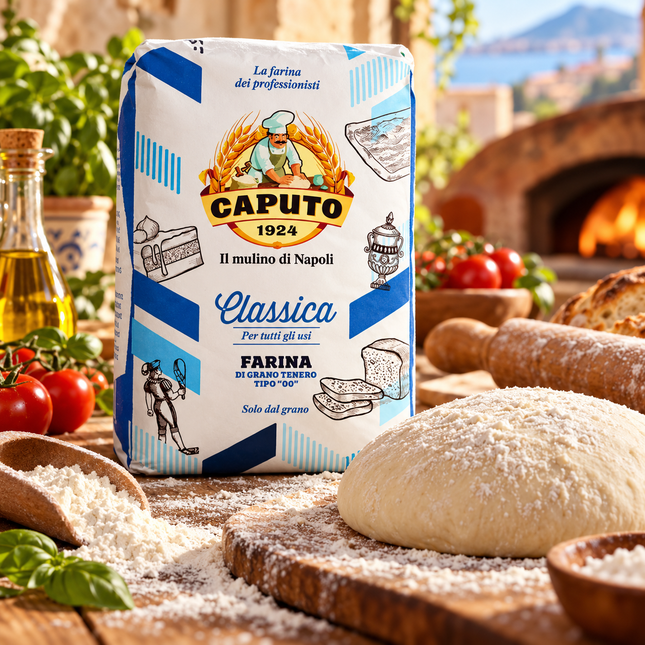 Caputo Farina 00 Classica Mehl 1 kg neben einem Teigling, Mehl und Brot v