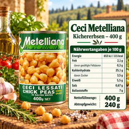 Metelliana Ceci Kichererbsen 400 g mit Nährwerttabelle je 100 g und 240 g Abtropfgewicht