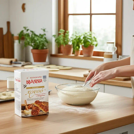 1 kg Manna Mehl für Tsoureki auf weißem Hintergrund – ideales Backmehl für griechische Hefekuchen und Gebäck