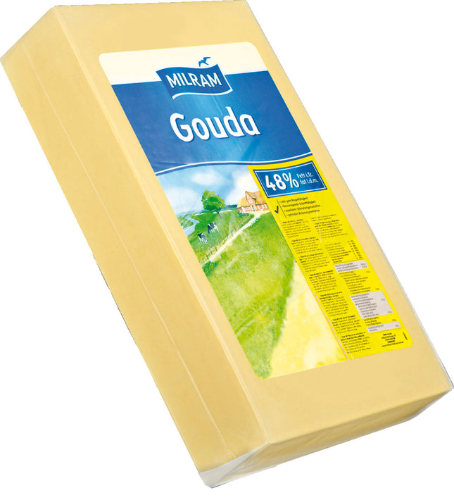 Milram 48% Gouda, ca. 15 kg schwerer Block, cremiger Schnittkäse aus Kuhmilch mit mild-würzigem Geschmack, angeboten von GEtca GmbH. Ideal für Gastronomie und Großverbraucher, perfekt zum Schneiden, Reiben oder Schmelzen.