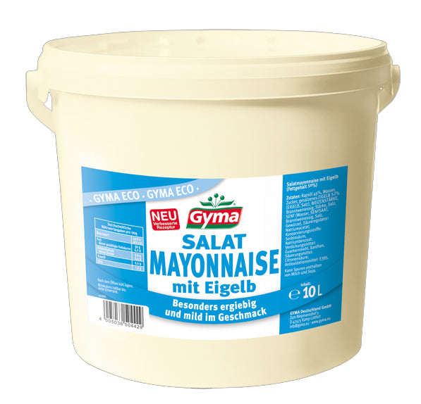 Gyma ECO Salatmayonnaise mit 50 % Fett im 10 kg Kanister – cremige, vollmundige Mayonnaise für Salate, Sandwiches und Großküchenanwendungen. Dieses Produkt wird angeboten von Getca GmbH.