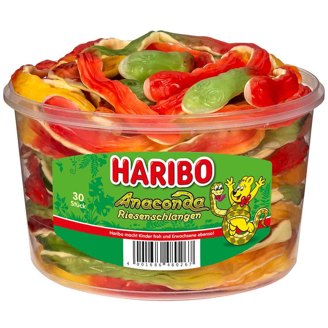 30er-Pack Haribo Anaconda Riesenschlangen (1200 g) – Fruchtige, weiche Riesen-Süßigkeiten in Schlangenform. Perfekt für Naschkatzen und Spaß beim Teilen. Angebot von GEtca GmbH.