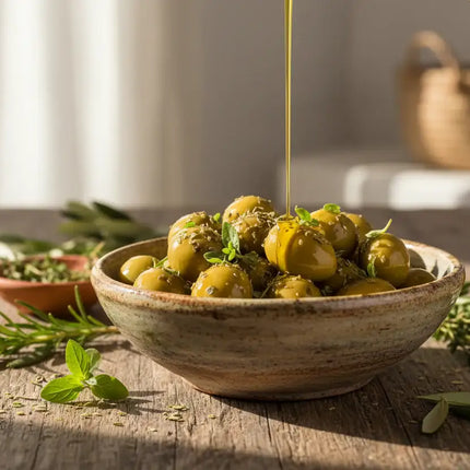 Griechische grüne Oliven mit Oregano in rustikaler Keramikschale mit Kräutern und Olivenöl – Mediterrane Feinkost