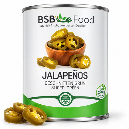 BSB Food Jalapeños geschnitten grün – Dose mit Jalapeño-Scheiben vor weißem Hintergrund