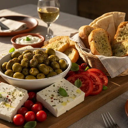 Griechische grüne Oliven mit Oregano auf Meze-Platte mit Feta, Tomaten und Brot – Authentische griechische Vorspeise