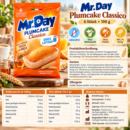 Mr. Day Plumcake Classico 190 g – weicher italienischer Plumcake mit Honig
