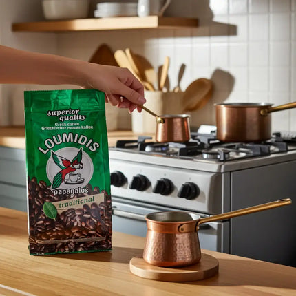 Loumidis Papagalos Kaffee 490 g Verpackung – hochwertiger griechischer Mokka-Kaffee mit vollmundigem Geschmack