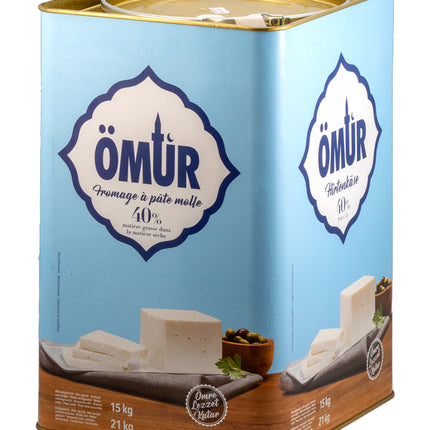 ÖMÜR Weichkäses im 21-kg-Kanister mit 15 kg Abtropfgewicht – streichfähiger Käse aus Magermilch und pflanzlichem Fett mit 40 % Fett in der Trockenmasse, ideal für Salate, Börek, Backwaren und warme Gerichte in Gastronomie und Großküche. Dieses Produkt wird angeboten von Getca GmbH.