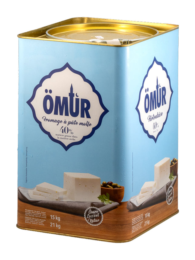 ÖMÜR Weichkäses im 21-kg-Kanister mit 15 kg Abtropfgewicht – streichfähiger Käse aus Magermilch und pflanzlichem Fett mit 40 % Fett in der Trockenmasse, ideal für Salate, Börek, Backwaren und warme Gerichte in Gastronomie und Großküche. Dieses Produkt wird angeboten von Getca GmbH.