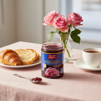 Detailansicht Rosenblumenblätter in Sirup von Papageorgiou – griechische Konfitüre-Spezialität mit intensivem Rosenaroma.