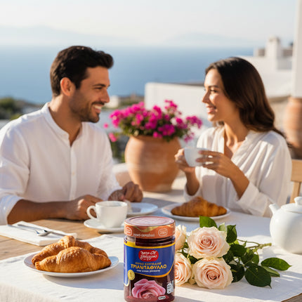 Rosenblumenblätter eingelegt in Sirup 450g Papageorgiou – traditionelle griechische Süßigkeit im Glas, servierfertig und vielseitig verwendbar.