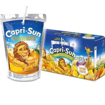 10er-Pack Capri-Sun Safari Fruits Trinkpackungen (200 ml) – Fruchtiger Mix exotischer Geschmacksrichtungen in praktischen Trinkbeuteln. Perfekt für kleine Abenteuer und erfrischende Pausen. Angebot von GEtca GmbH.