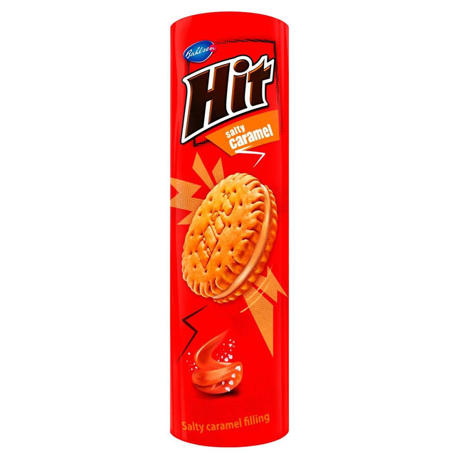 Hit Cookies Salted Caramel (220g) – knusprige Doppelkekse mit cremiger Salzkaramell-Füllung, angeboten von der GEtca GmbH. Perfekt für alle, die die köstliche Kombination aus süß und salzig lieben.