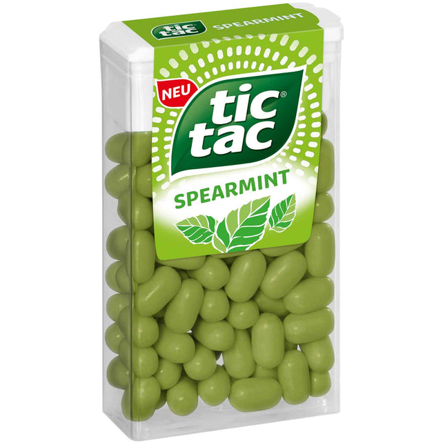TIC TAC Spearmint (18 g) – Erfrischende Dragees mit intensivem grüner Minzgeschmack für langanhaltende Frische. Perfekt für unterwegs oder zwischendurch. Angebot von GEtca GmbH.