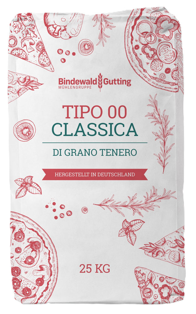 Bindewald + Gutting Weizenmehls Tipo 00 Classica im 25-kg-Sack – besonders fein ausgemahlenes italienisches Qualitätsmehl mit hoher Backfähigkeit, ideal für Pizza, Pasta und feines Gebäck in Gastronomie und Großküche. Dieses Produkt wird angeboten von Getca GmbH.