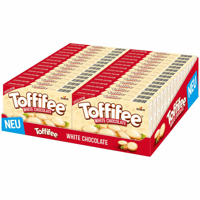 Toffifee White Chocolate (125g) – köstliche Kombination aus Haselnuss, Karamell, Nougatcreme und weißer Schokolade, angeboten von der GEtca GmbH. Perfekt für alle, die den einzigartigen Geschmack von weißer Schokolade lieben.