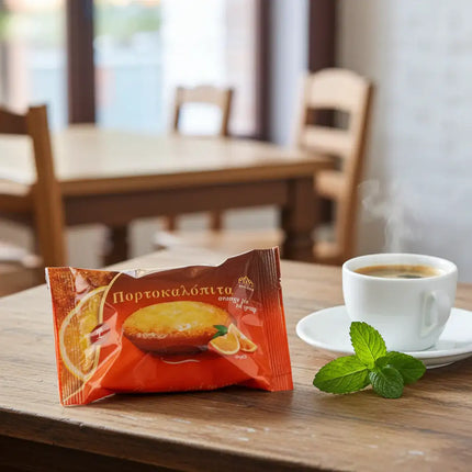 Vorderseite der Toumpourleka Portokalopita 90g Verpackung – saftiger Orangenkuchen nach traditioneller Rezeptur.