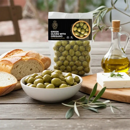 Griechische grüne Oliven 250g mit Oregano – Fleischige Oliven aus Griechenland für Meze und mediterrane Gerichte